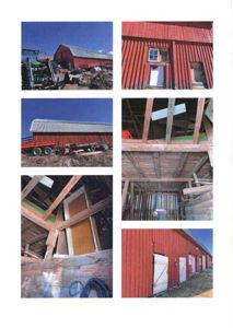 Et collage bestående av seks fotografier som viser ulike vinkler på et rødt trebuer, inkludert utsiden, fasaden, takkonstruksjonen og interiøret.