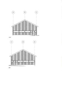 Tegning som viser fasadeoppsett for bygningen sett fra vest og øst.