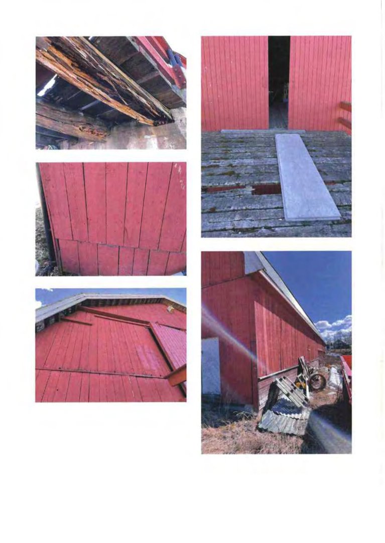 En collage av fire fotografier som viser detaljer og tilstand på en rød bygning, inkludert skadet tak, utvendige vegger og en inngang.