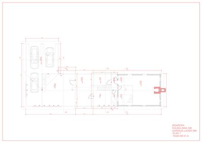 Etasjeplan (Plan 1) for en garasje og lagerbygning med angitte rom, dører og dimensjoner.