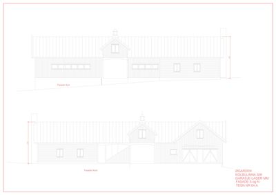 Tegning som viser fasadeopprikk (Fasade Nord og Fasade Syd) for en bygning med garasje og lager.