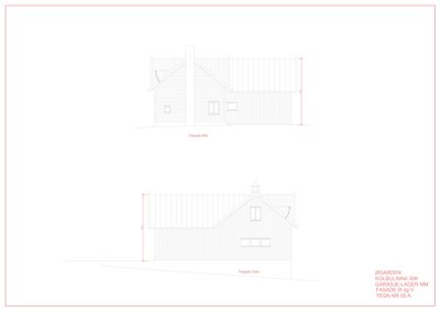 Tegning som viser fasadeopprikk for en bygning (Fasade Øst og Fasade Vest).