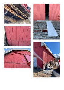 En collage av fem fotografier som viser detaljer og tilstand på en rød, trepanelt bygning (sannsynligvis et gammelt skur eller uthus). Bildene viser for eksempel råte i takkonstruksjonen, en utskiftet dørplate, fasadepaneler og en sideutsikt med utstyr i bakgrunnen.