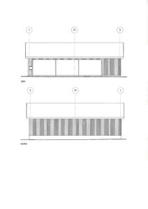 Fasadetegning som viser bygningens utseende sett fra sør og nord, med angitte orienteringer og konstruksjonsdetaljer.
