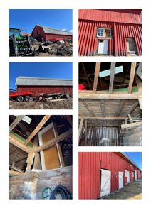 En collage bestående av seks fotografier som viser ulike vinkler på et rødt skur, inkludert utsiden, fasaden, taket, og interiøret med takbjelker.