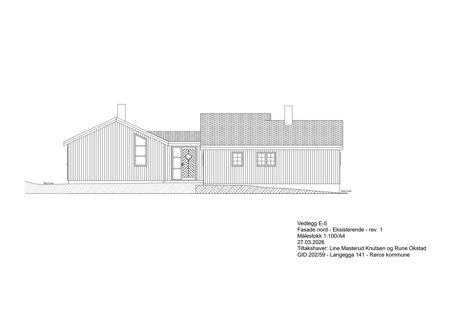 Fasadetegning (opprikk) av en eksisterende bygning sett fra nord.