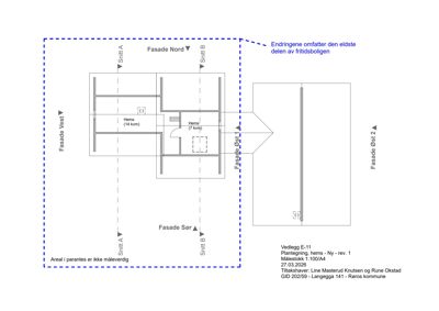 Plantegning som viser romfordeling (herms) og fasader for en frittidsbolig.