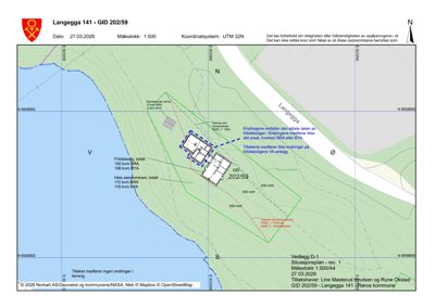 Situasjonsplan som viser tomtens beliggenhet, grenser, bygningers plassering og arealopplysninger.