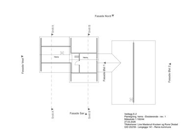 Etasjeplan (hems) med angitte fasader og snittlinjer.