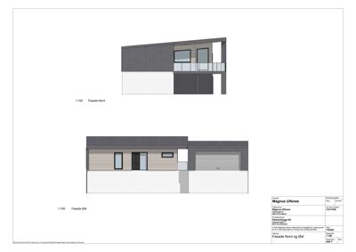 Fasadetegning som viser bygningens utseende sett fra nord og øst.