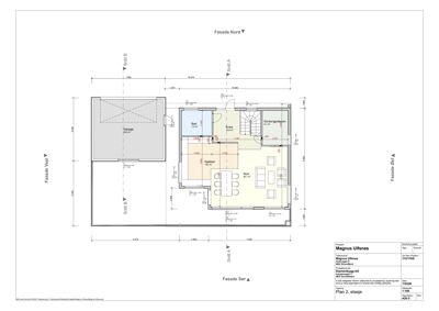 Etasjeplan (Plan 2. etasje) som viser romfordeling, dimensjoner og fasaderetninger for en bygning.