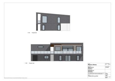 Fasadetegning som viser bygningens utseende fra sør og vest.