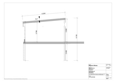 Snittegning av en garasje som viser konstruksjonen av taket og stolpene.