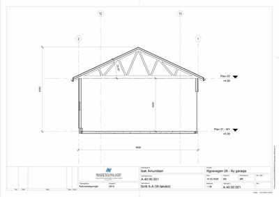 Snittegning (Snitt A-A) som viser tverrsnittet av en garasje med mål og konstruksjonsdetaljer.