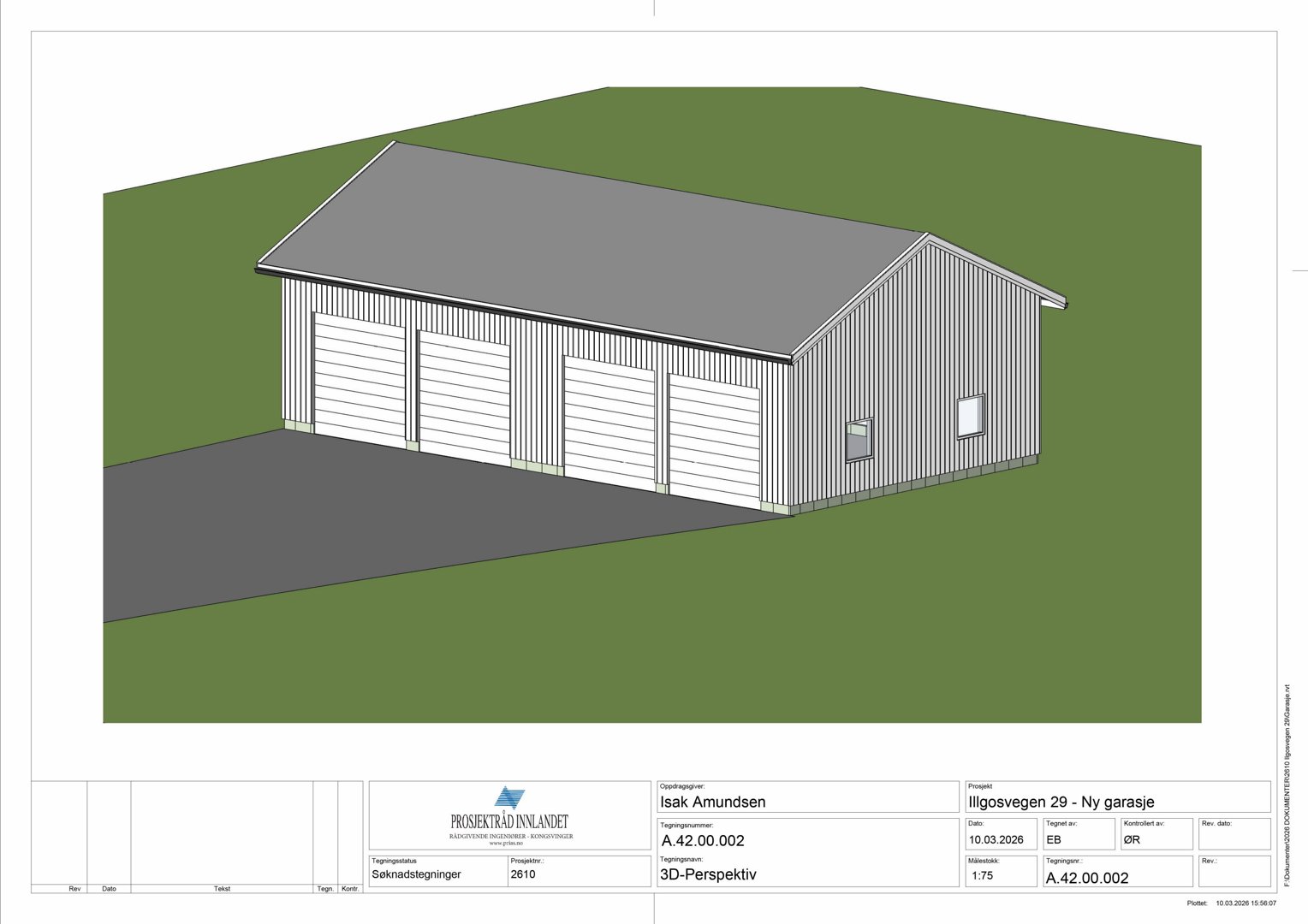 3D-perspektivtegning (rendering) av en planlagt garasje med fire dører og etasjering, vist i forhold til grunnen.