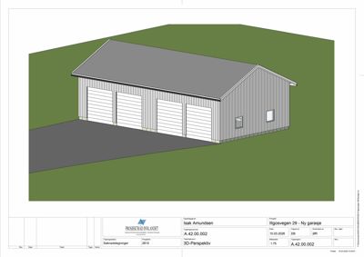 3D-perspektivtegning (rendering) av en planlagt garasje med fire dører og etasjering, vist i forhold til grunnen.