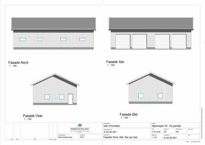 Fasadetegning som viser bygningens utseende fra alle fire sider (Nord, Sør, Vest, Øst) med vinduer, dører og takform.