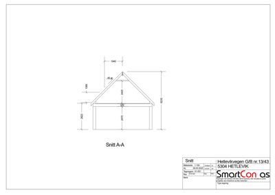 Snittegning (Snitt A-A) som viser tverrsnittet av en bygning med mål på tak og vegger.