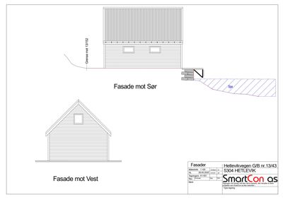 Fasadetegning som viser bygningens utseende fra to sider (Sør og Vest) med detaljer om takform, vinduer og grunnplan.