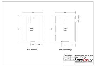 Plantegning som viser romfordeling og dimensjoner for loftsetasje og hovedetasje.