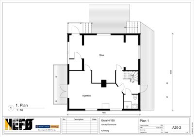 Etasjeplan (1. Plan) som viser romfordeling, vegger og dører for en enebolig.