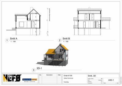 Tegning med to snittegninger (Snitt A og Snitt B) og en 3D-visualisering av huset sett fra siden.