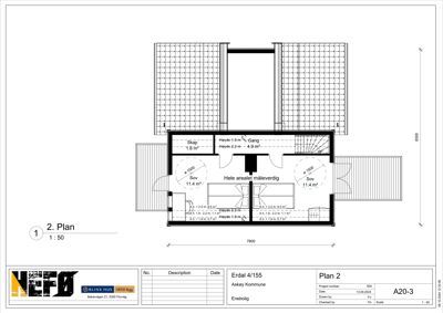 Etasjeplan (2. Plan) som viser romfordeling, mål og høyder for en enebolig.