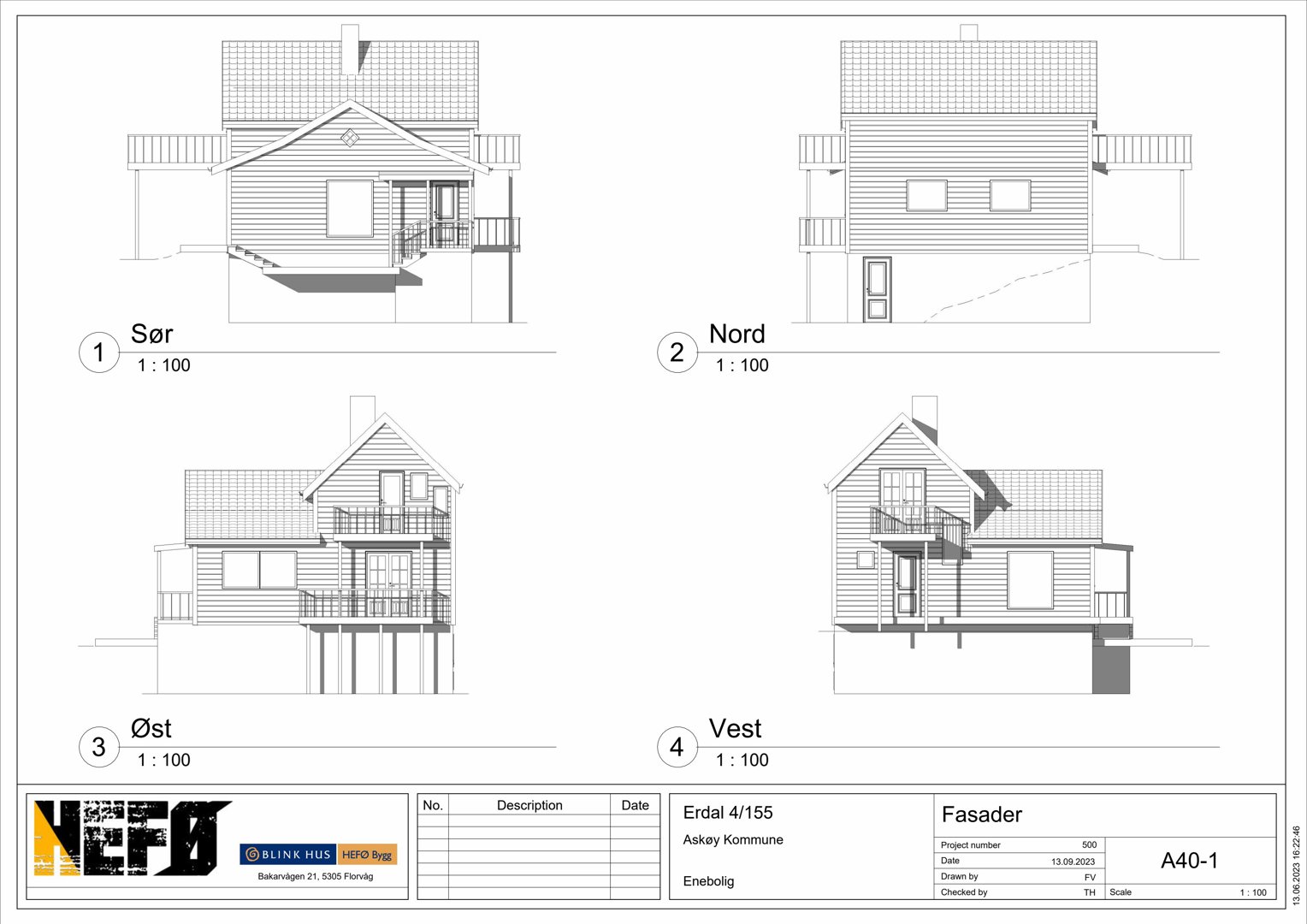 Fasadetegning som viser bygningens utseende fra fire sider: Sør, Nord, Øst og Vest.