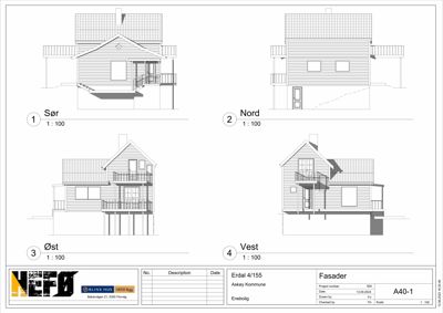 Fasadetegning som viser bygningens utseende fra fire sider: Sør, Nord, Øst og Vest.