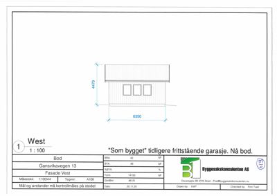 Fasadetegning av en bygning (tidligere garasje, nå bod) sett fra vest.