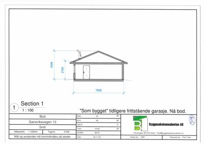 Snittegning (Section 1) av en tidligere garasje som nå er bod, med mål og konstruksjonsdetaljer.