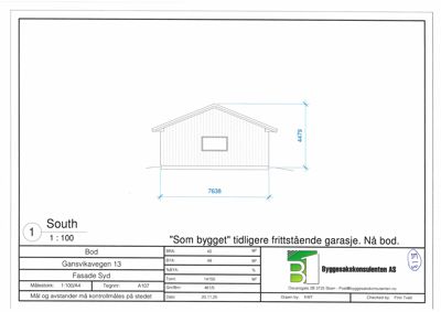 Fasadetegning av en tidligere garasje som nå er bod, sett fra sør (South). Tegningen viser mål og beskrivelse.