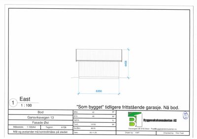 Fasadetegning (østfasade) av en tidligere garasje som nå er bodd i, med mål og beskrivelse.