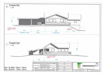 Fasadetegning som viser bygningens utseende fra øst og syd med mål og detaljer.