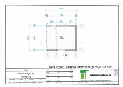 Etasjeplan (plantegning) av en bod med angitte mål og romnummer.