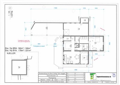Plantegning av 1. etasje med romfordeling, mål og forlengelser av carport.