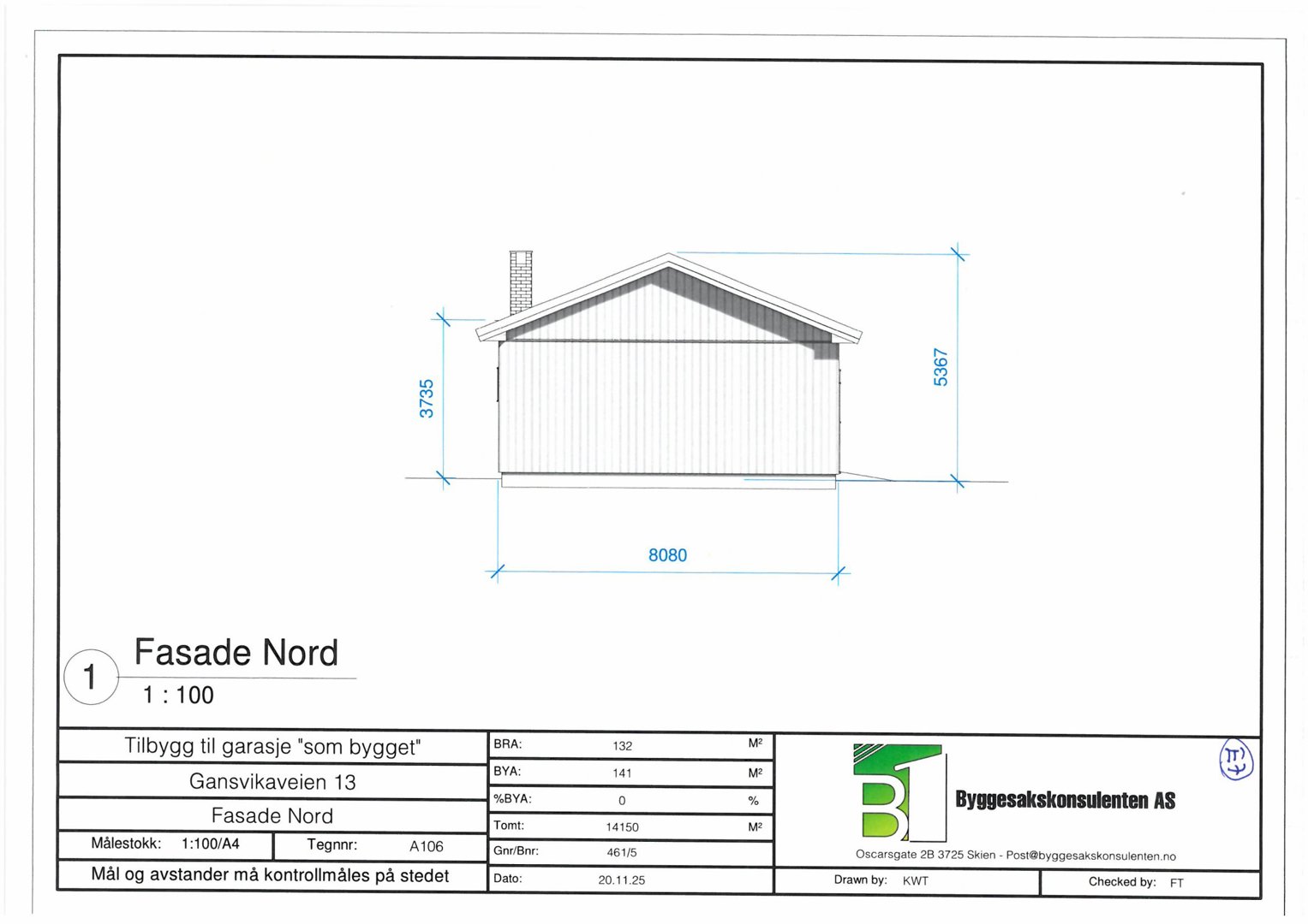 Fasadetegning for 'Tilbygg til garasje' sett fra nord, med mål og detaljer.