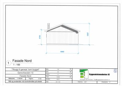 Fasadetegning for 'Tilbygg til garasje' sett fra nord, med mål og detaljer.