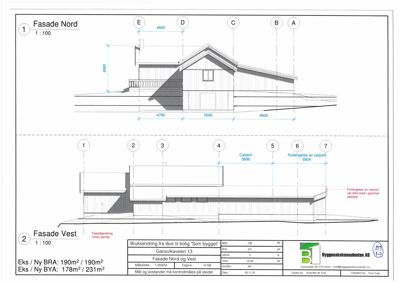Fasadetegning som viser bygningens utseende sett fra nord og vest, med mål og konstruksjonsdetaljer.