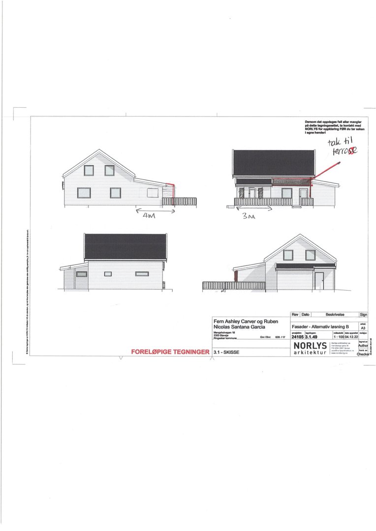 Fasadetegning (opprikk) som viser bygningens utsyn fra fire ulike vinkler.