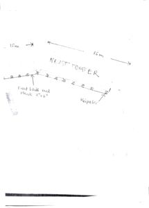 Håndtegnet situasjonsplan som viser tomtegrenser, mål (15m, 35m), og notater om 'NAUST TOMTER' og 'Kaipeier'.