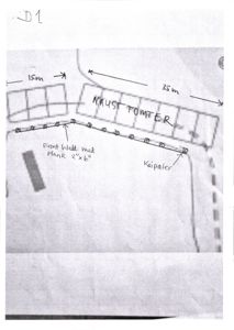 En håndtegnet situasjonsplan som viser tomtens form, mål (15m og 35m), og detaljer som 'NAUST TOMTER', 'Front kledd med plank', og 'Kaipaler'.