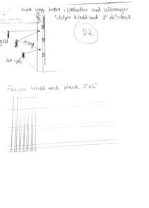 Håndtegnet teknisk detaljtegning som viser konstruksjonen av en vegg eller fasade, inkludert festemidler og materialtykkelse.