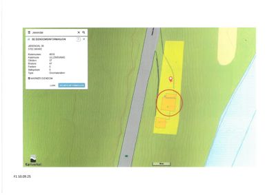 Situasjonsplan som viser tomtens terrengform (konturlinjer), plassering av eiendom, vei og vann. En bygning er markert med en rød sirkel.