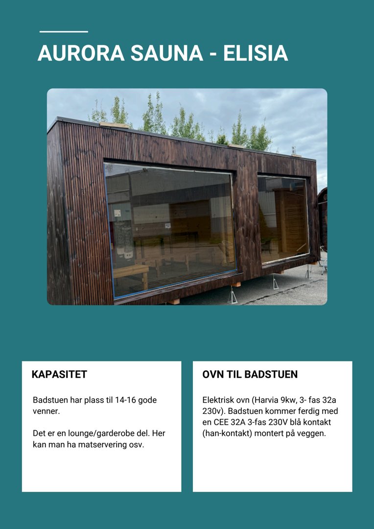 Fotografi av en ferdigmontert Aurora Sauna - Elisia, som viser fasaden og vinduene.