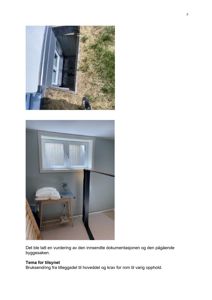 To fotografier av en bygning: øverst en utsikt ned i en utvendig trappe eller inngang, nederst et interiør med et vindu og en balustrade.