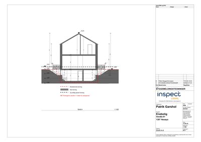 Snittegning (Snitt A-A) som viser bygningens tverrsnitt, høyder og terrengforhold.
