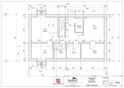 Etasjeplan (1. etasje) med romfordeling, mål og funksjoner for en bolig.