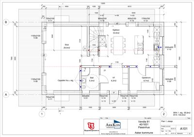 Etasjeplan (1. etasje) som viser romfordeling, mål og funksjoner i en bolig.