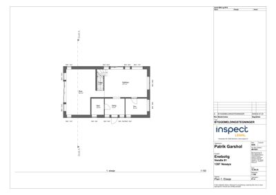 Etasjeplan (1. etasje) som viser romfordeling, stue, kjøkken, bad, gang og soverom.